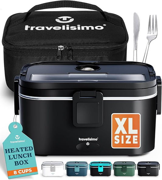 TRAVELISIMO Extra-Large Electric Lunch Box For Adults Holds up to 8 Cups - 100W Heated Lunch Box For Men 1.8L, Portable Food Warmer for Travel & Work, Loncheras Electricas Para Calentar Almuerzo