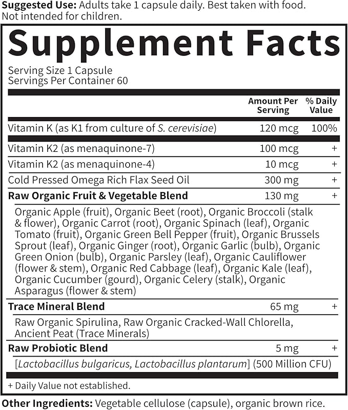 Garden of Life Vitamin K2 and K1, Vitamin Code Vegan K Complex Vitamin for Bone Strength and Heart Health, Vitamin K1 and K2, Omega Rich Flax Seed Oil, Trace Minerals, Probiotics, 60 Day Supply