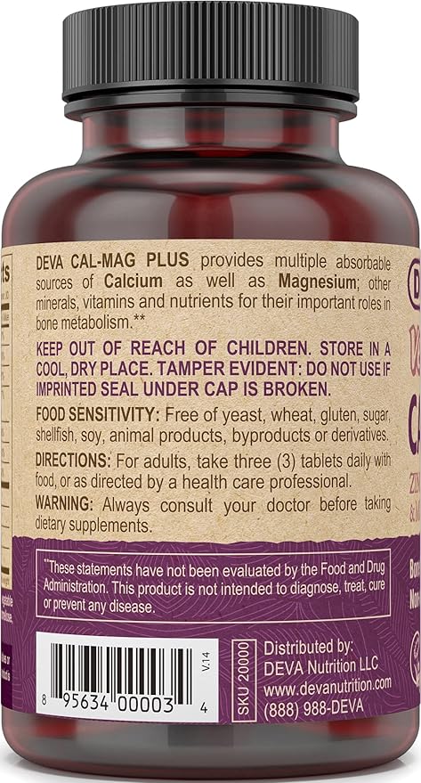 DEVA Vegan Cal MAG Plus Supplement with Calcium, Magnesium, Zinc, Boron, Vitamin C, D & K, 90 Tablets, 12-Pack