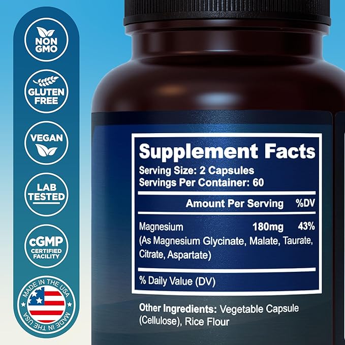 Magnesium 5 Complex - Chelated Magnesium Glycinate, Malate, Citrate, Taurate, & Aspartate for Nerves, Muscles, Bones - 2 Pack