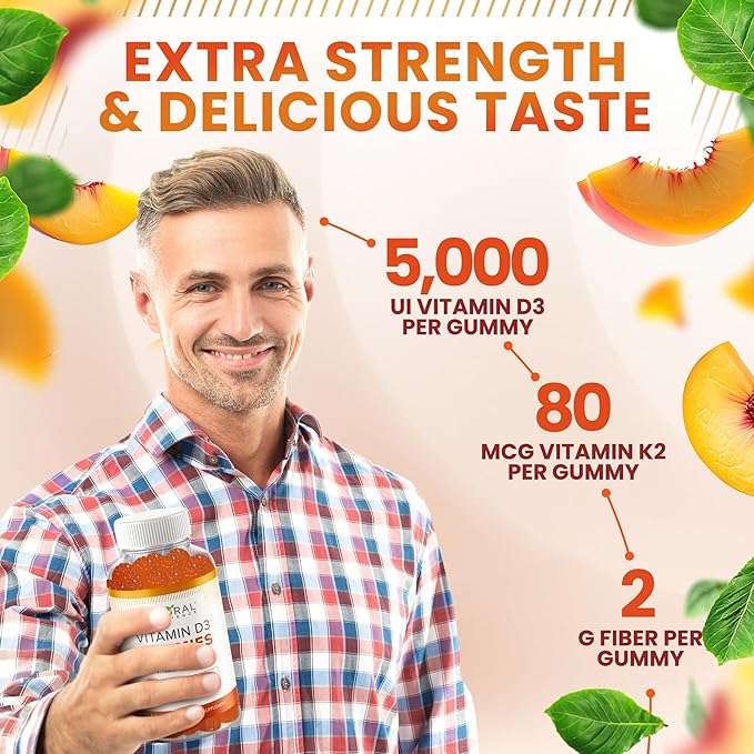 Sugar Free Vitamin D3 K2 Gummies - Vitamin D3 Gummies 5000 IU+K2 MK7 80 mcg, K2 D3 Vitamin Supplement Adults, Vitamin D K2 for Bones, Immune, Heart, Mood, Gluten-Free, Non-GMO, Natural Peach Flavor
