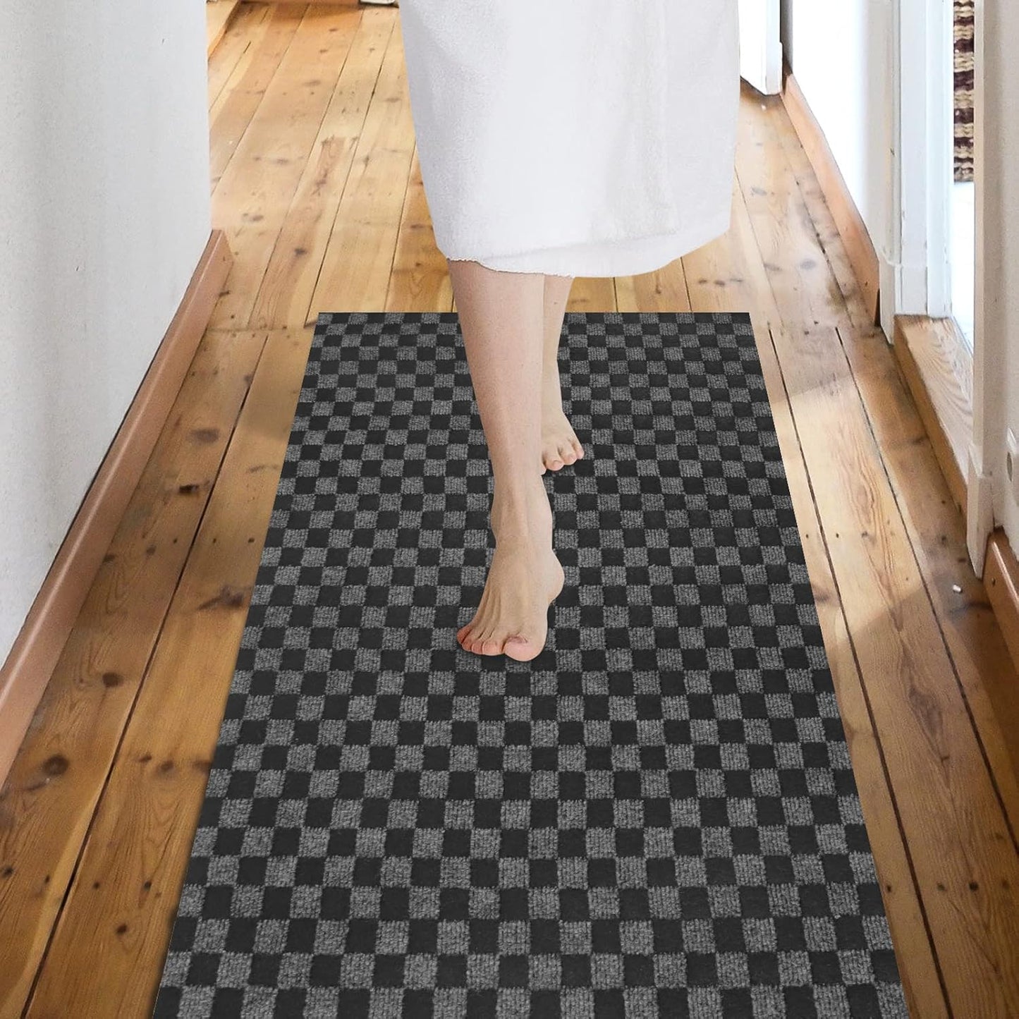Custom Size Backed Non-Slip Area Rugs Runner, Easy Clean, Waterproof Runner Rugs for Hallway Entryway, Kitchen, Laundry, 3FT x 79FT, Gray Checkered
