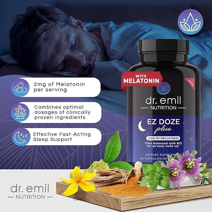 DR. EMIL NUTRITION EZ Doze Melatonin-Free Natural Sleep Aid with L-Theanine, GABA & 5HTP - Extra Strength Sleeping Pills for Adults - Safe and Non-Habit Forming (60 Veggie Capsules)