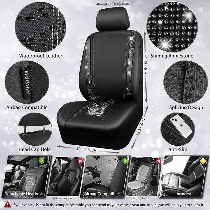CAR PASS Leather Bling Diamond Car Seat Covers Full Set, Shining Rhinestone Waterproof Durable Rear with Zipper, Universal Fit Automotive Glitter Crystal Sparkle Strip for Cute Women Girly Black