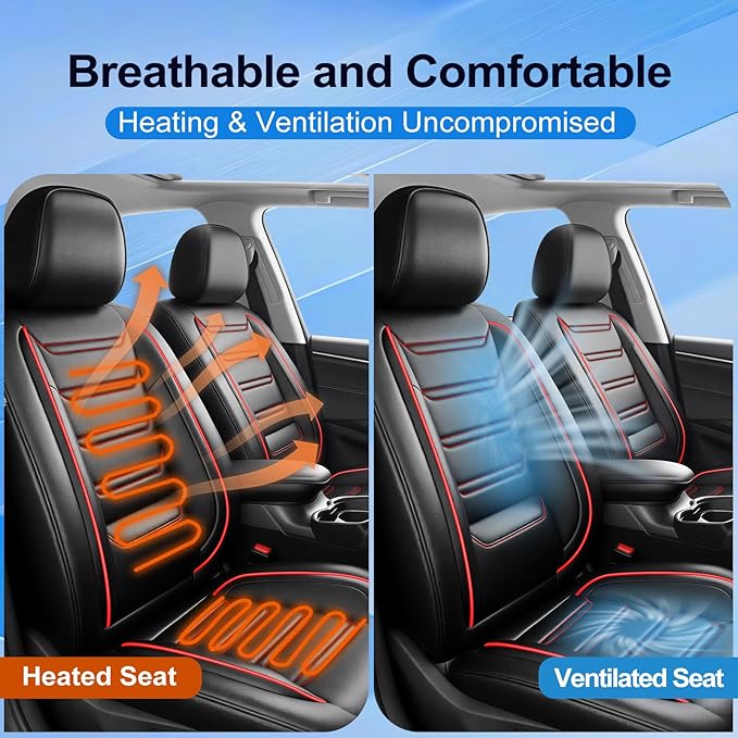 Fit CRV Car Seat Covers for Select Honda CR-V 2011-2026 - Premium Full Coverage Leather, Waterproof & All Weather Breathable Seat Cushion Protector, Full Set, Black with Red Trim