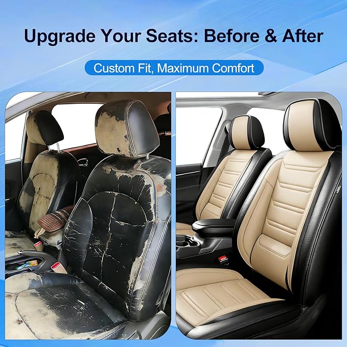 Fit RAV4 Car Seat Covers for Select Toyota RAV 4 2013-2026 /RAV4 Hybrid - Premium Full Coverage Leather, Waterproof & All Weather Seat Cushion Protector, Full Set, Black+Beige