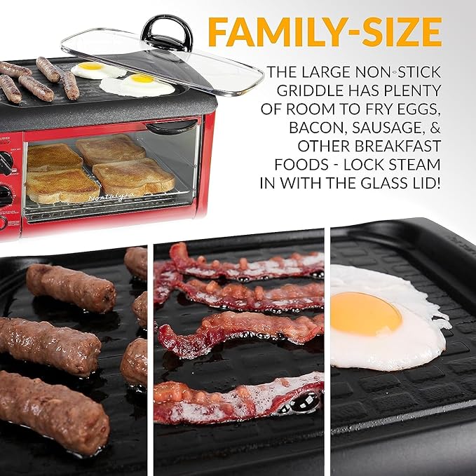 Nostalgia 3-in-1 Breakfast Station - Includes Coffee Maker, Non-Stick Griddle, and 4-Slice Toaster Oven - Versatile Breakfast Maker with Timer - Red