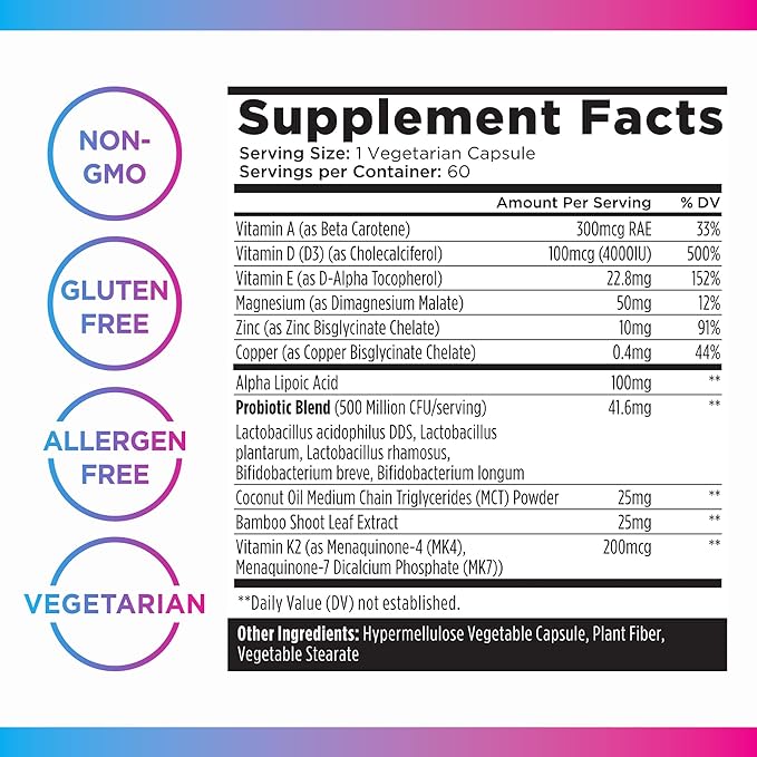 Livingood Daily Vitamin D + Immune Complex, Made with Vitamin D3 K2, Zinc, Magnesium, Vitamins E & A and Probiotics, Immune Support Supplement, Advanced Absorption, Gluten Free, Non GMO, 60 Capsules