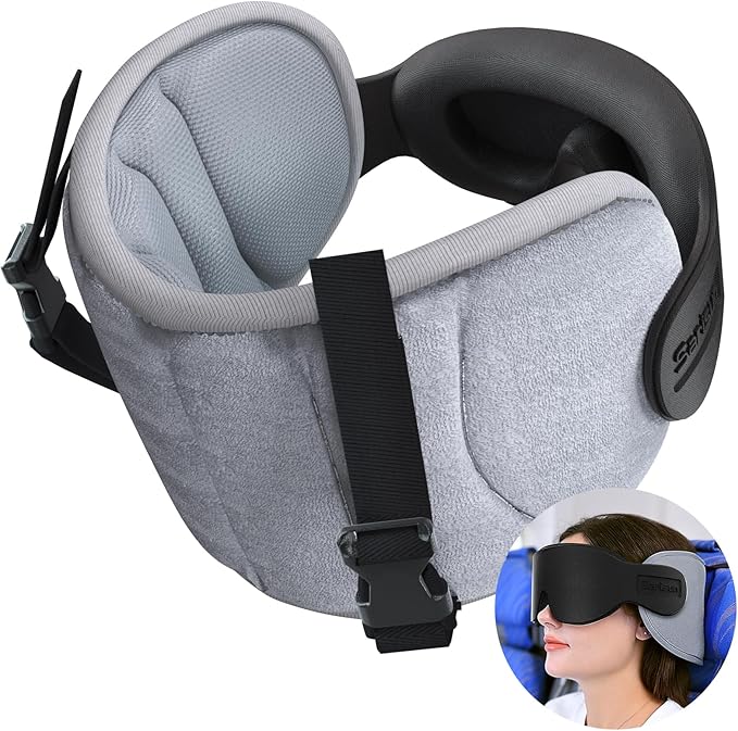 Travel Pillow for Airplanes, Airplane Pillow for Long Flight, Neck Pillow with Eye Mask for Sleeping, Portable Travel Pillow for Car Road Trip Headrest, Stop Bobblehead, Grey