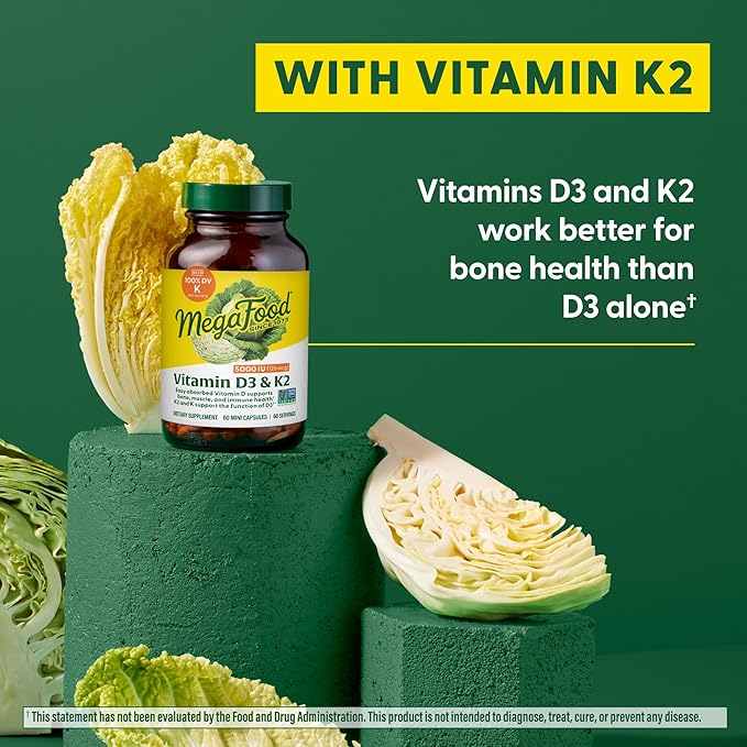 MegaFood Vitamin D3 5000 IU (125 mcg) - Vegetarian Supplements with Vitamin D3 K2 - Supports Bones, Teeth, Muscles & Immune Health - Certified Non-GMO - 120 Mini Capsules, 120 Servings