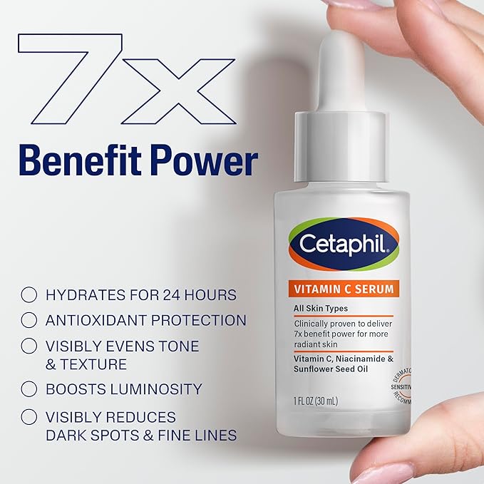 Cetaphil Vitamin C Serum, Visibly Reduces Look of Dark Spots and Hyperpigmentation, Formulated with Niacinamide, Designed for Sensitive Skin, Fragrance Free, Dermatologist Tested, 1oz