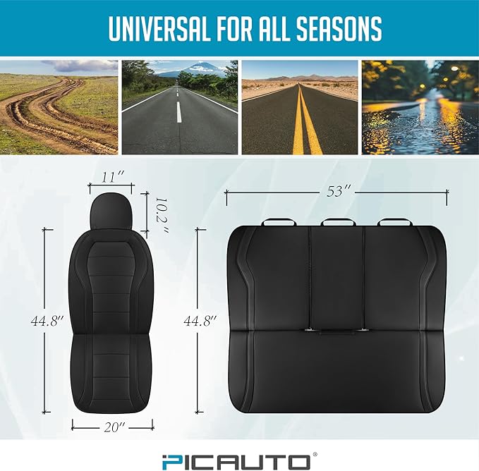 PIC AUTO Leather Car Seat Covers, Premium Automotive Waterproof Front & Rear Full Set Bucket Car Seat Protectors, Black and Black PVC Patchwork, Fits for Cars, Trucks, Van, SUV, Airbag Compatible