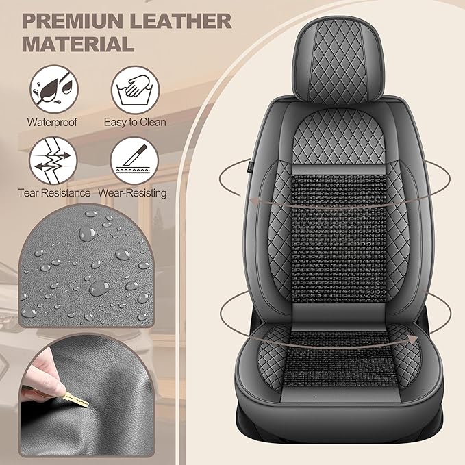 TTX LIGHTING for Nissan Kicks 2018-2026 Car Seat Covers, Breathable Ice Silk & Leather Seat Protector, Cool & Anti-Sweat for Long Driving, Airbag Compatible, 2 Front Seats (Black&Gray)