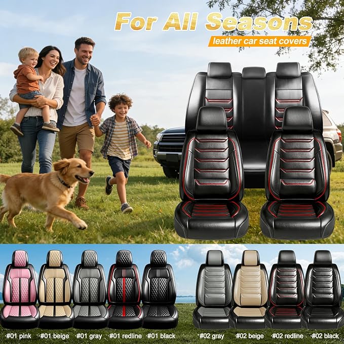 Fit RAV4 Car Seat Covers for Select Toyota RAV 4 2013-2026 /RAV4 Hybrid - Premium Full Coverage Leather, Waterproof & All Weather Seat Cushion Protector, Full Set, Black with Red Trim