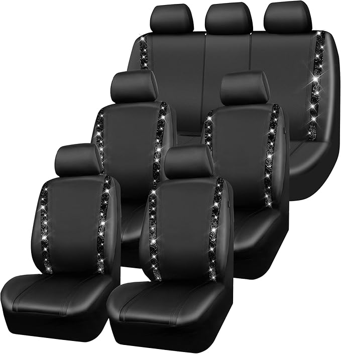 CAR PASS Bling Diamond Car Seat Covers, Shining Rhinestones Waterproof Faux Leather, 7 Seats 3 Rows with Zipper Glitter Crystal Sparkle Strips Universal Fit 95% MPV,SUV,CAR for Women Girl, Black