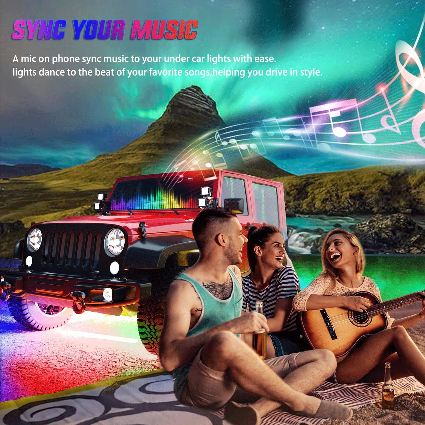Nilight 6Pcs Car Underglow Neon Accent Strip Lights 300 LEDs Multi Color RGB-IC DIY Sound Active Function Music Mode with APP Control and Remote Control Underbody Light Strip