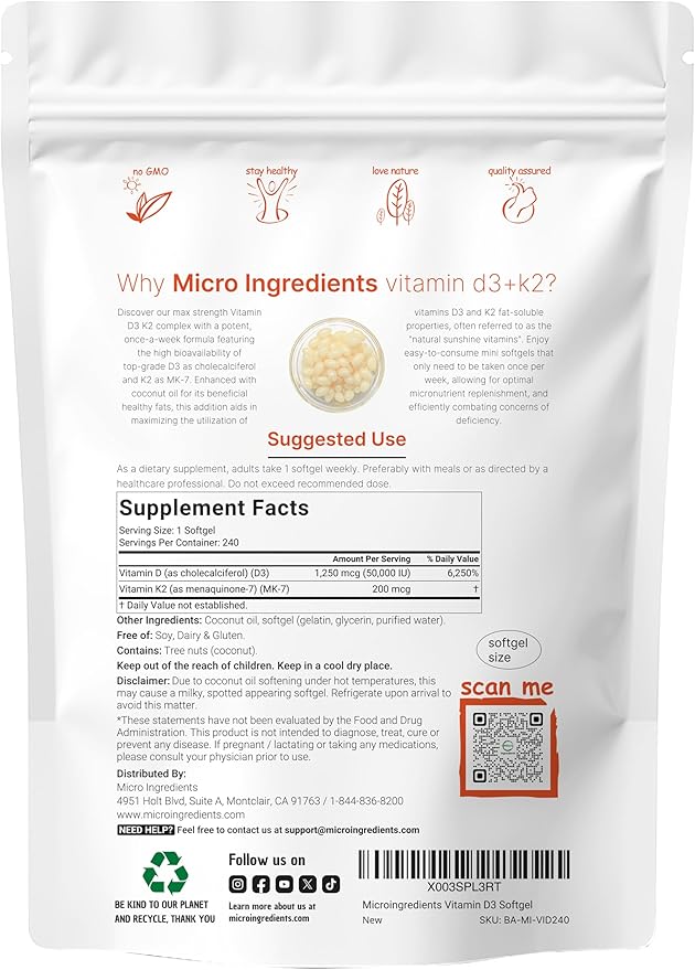 Micro Ingredients Vitamin D3 50,000 IU Plus K2 (MK-7) 200 mcg, 240 Virgin Coconut Oil Softgels | 2 in 1 Vitamins D & K Complex | Supports Calcium Absorption, Bone, Immune, & Heart Health