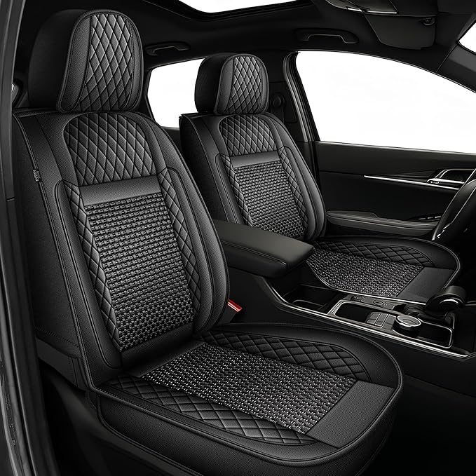 TTX LIGHTING for Ford Focus 2009-2018 Car Seat Covers, Breathable Ice Silk & Leather Seat Protector, Cool & Anti-Sweat for Long Driving, Airbag Compatible, 2 Front Seats (Black)