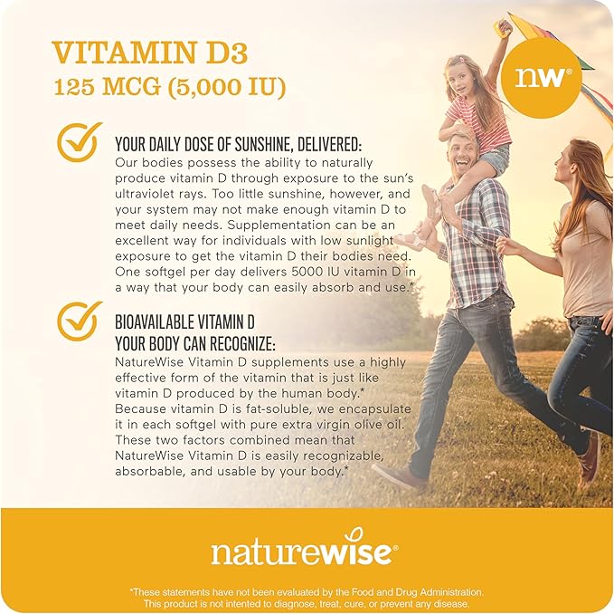 NatureWise Vitamin D3 5000iu (125 mcg) 90-Day Supply for Immune Support, Healthy Muscle Function, and Bone Health - Non-GMO, Gluten-Free in Organic Extra Virgin Olive Oil, (Mini Softgel), 90 Count