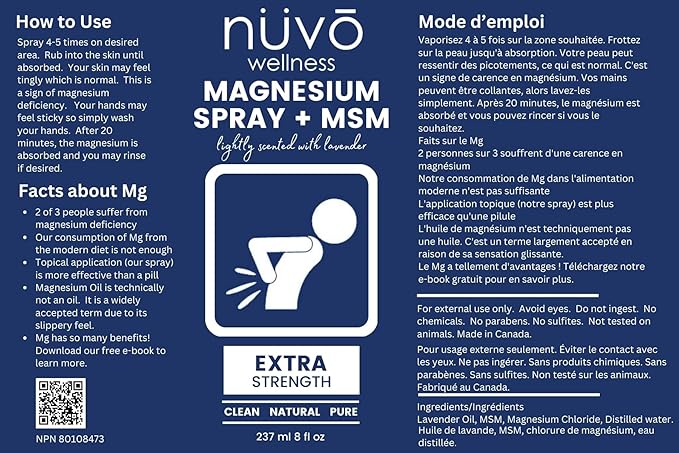 Magnesium Oil Spray with MSM - Extra Strength at 32mg per Spray - Lightly Scented with Lavender - Product of Canada 237 ml