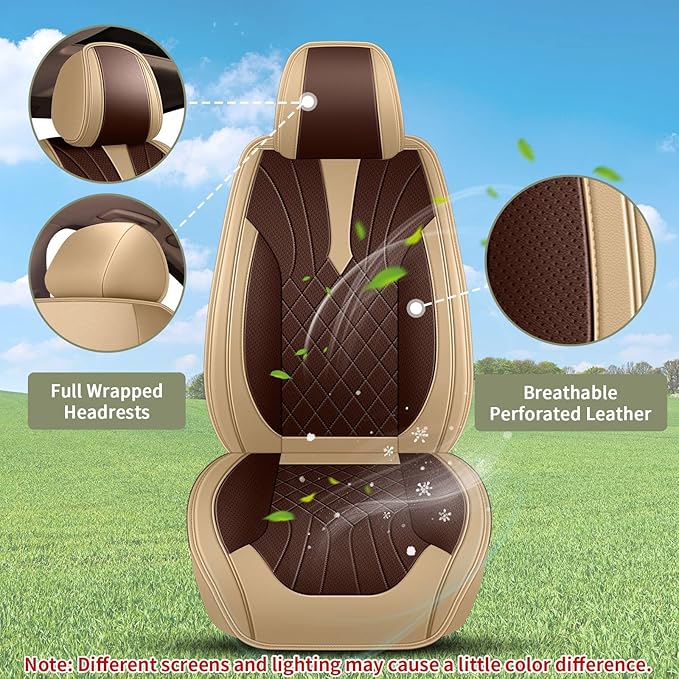 Breathable Car Seat Covers for Honda Pilot 2016 2015 2014 2013 2012 2011 2010 2009 2008 2007 2006 2005, Perforated Leather Full Set 5 Seats, for Honda Pilot Accessories (Beige&Brown)