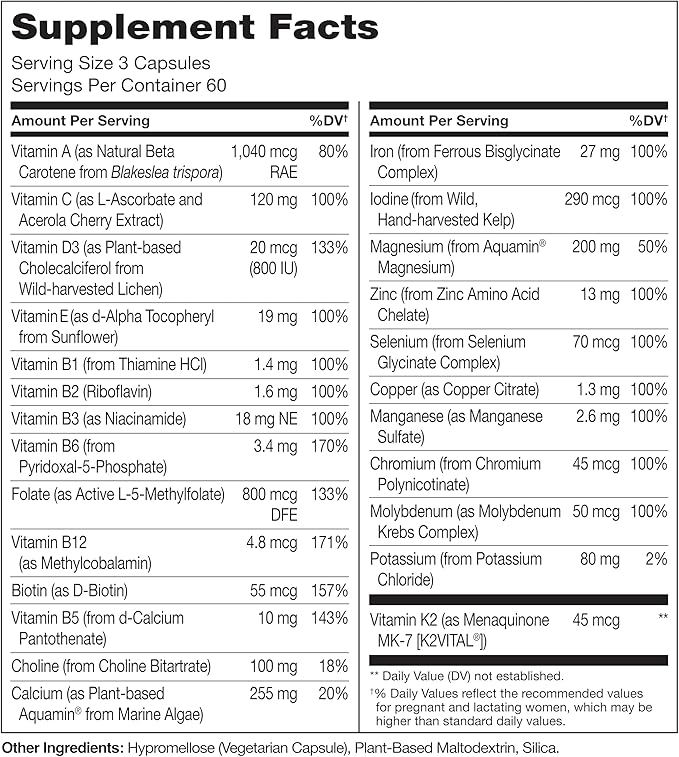 NATURELO Prenatal Multivitamin with Gentle Chelated Iron, Methyl Folate, Plant Calcium & Choline - Vegan, Vegetarian - Non-GMO - Gluten Free - 180 Capsules - 2 Month Supply