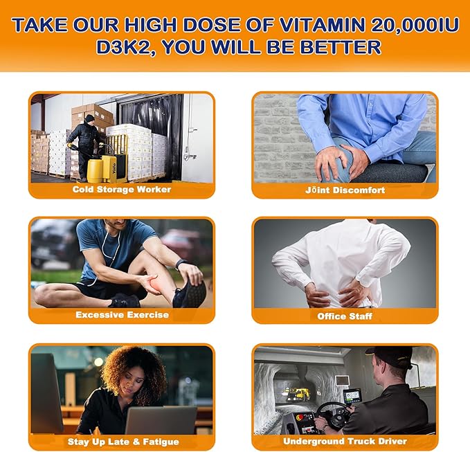 Vitamin D3 20,000 IU + Vitamin K2( MK7 )200mcg - Optimal Vitamin D3 & K2 Softgel - Strong Bones & Muscle, Calcium Absorption & Immune Support, Helping Vitamin D Deficiencies, Easy to Swallow, Non GMO