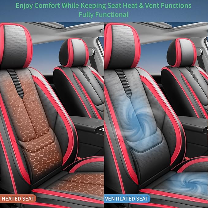 Fit Kona Car Seat Covers for Hyundai Kona 2018-2024 2025 2026 -Upgraded Premium Waterproof & Breathable Leather,Airbag Compatible,All-Weather Seat Cushion Protector,2 Front/Black-Red
