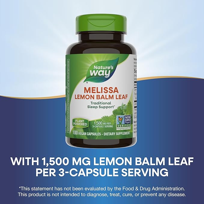Nature's Way Melissa Lemon Balm Leaf, Traditional Sleep Support*, 1,500 mg per 3-Capsule Serving, Non-GMO Project Verified, 100 Vegan Capsules (Packaging May Vary)