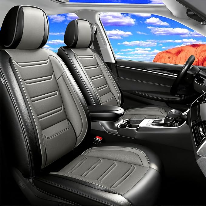 Fit RAV4 Car Seat Covers for Select Toyota RAV 4 2013-2026/RAV4 Hybrid - Premium Full Coverage Leather, Waterproof & All Weather Seat Cushion Protector, Front Pair Black+Gray