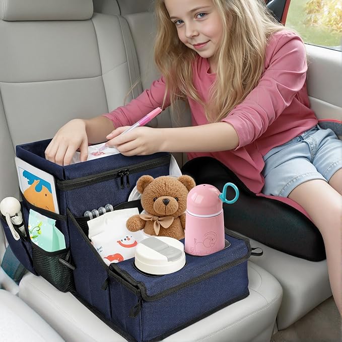 Car Seat Organizer, Backseat Car Organizer with Cup Holder Tray and Storages for Kids and Adults, Portable Travel Cooler for Car for Front or Back Seat Passenger Organizer Ccompartment (Navy Blue)