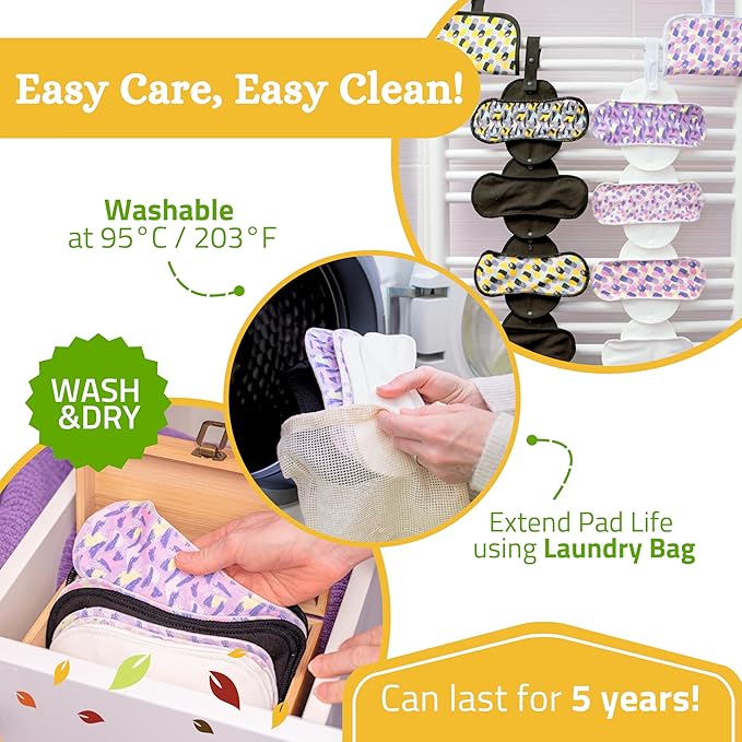 Non-Slip Organic Reusable Period Pads for Light Flow (S+M, 6-Pack); High-Temp Washable Cotton Cloth Pads for Women & Teens; Non-Irritating, Soft Reusable Pads Menstrual for Comfortable Period Care