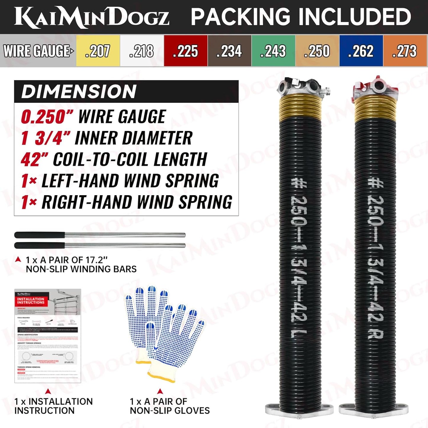 Pair of 1.75" Garage Door Torsion Springs Set with Non-Slip Winding Bars&Gloves, High Precision Electrophoresis Oil-Free Black Coated for Replacement, MIN 16,000 Cycles (0.250 x 1.75"x 42")