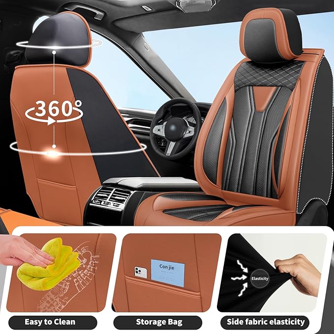 Fit Frontier Car Seat Covers Premium Leather for Nissan Frontier 2009-2025 2026. Waterproof， Breathable, Scratch-Resistant & All-Weather Seat Cushion Protector（Full Set,Brown&Black