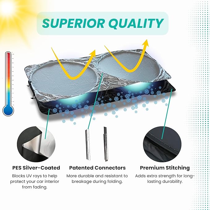 Windshield Sun Shade -Certified 99.87% UVB & 99.02% UVA Car Sun Shade. Award Winning Sunshade - Patented Technology | Compatible for Ford Mustang (2015-2026) | Car Shades by Kinder Fluff