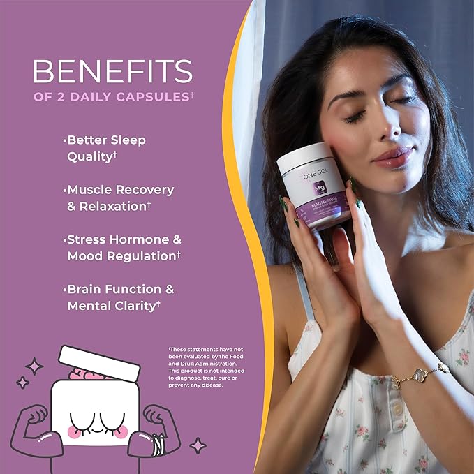 One Sol Magnesium, 1378 mg Dual Source Magnesium Bisglycinate for Sleep, Relaxation and Full Body Recovery | High Absorption | Vegan, Non-GMO, Gluten & Soy-Free | Made in USA, 60 Capsules