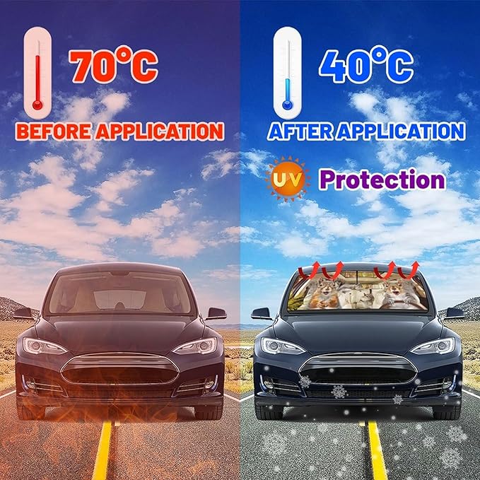 CHILL·TEK Funny Animal Car Windshield Sun Shade Umbrella, Funny Squirrel Car Sun Shade Umbrella, Block UV Rays Heat Foldable Windshield Umbrella Sun Visor Protector - Keep Vehicle Cool for Cars SUV