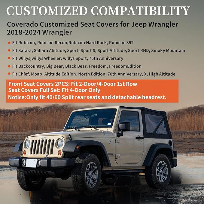 Coverado Wrangler JK Seat Covers 4 Door Fullset for Jeep, Waterproof Leather Car Seat Covers for Truck Automotive Seat Covers Custom Fit for 2008-2012 Jeep Wrangler Seat Covers Full Coverage(Gray)