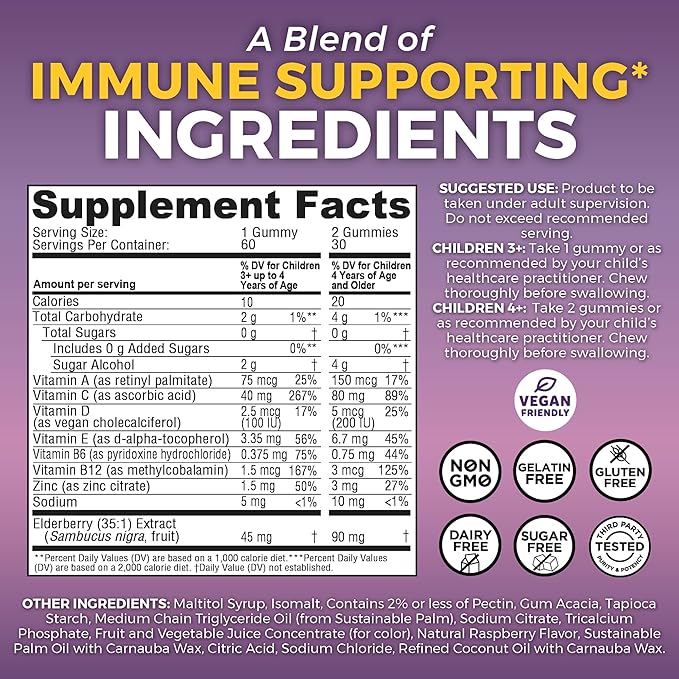 Viva Naturals 8in1 Elderberry Gummies for Kids with Vitamin C, D and Zinc - 60 Sugar Free Kids Immune Support Black Elderberry Gummies - Elderberry Vitamin C and Zinc Immune Support Supplement
