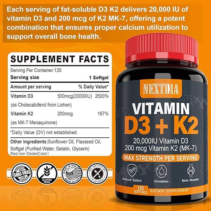 Vitamin D3 20,000 IU + Vitamin K2( MK7 )200mcg - Optimal Vitamin D3 & K2 Softgel - Strong Bones & Muscle, Calcium Absorption & Immune Support, Helping Vitamin D Deficiencies, Easy to Swallow, Non GMO