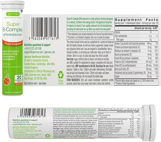 Super B-Complex Liquid B-Vitamin Effervescent Drink, Methylated, Fast Action Energy Supplement, Caffeine-Free, Sugar-Free, Orange Flavor, Vegan, 120 Effervescent Tablets, by Igennus