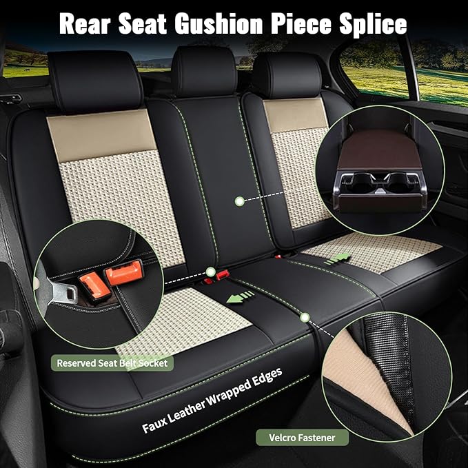 Car Seat Covers Full Set for Toyota Avalon 2001-2025 2026 - Breathable Cooling Ice Silk Leather Seat Cover - 5 Seats for Toyota Avalon Accessories (Black&Beige)