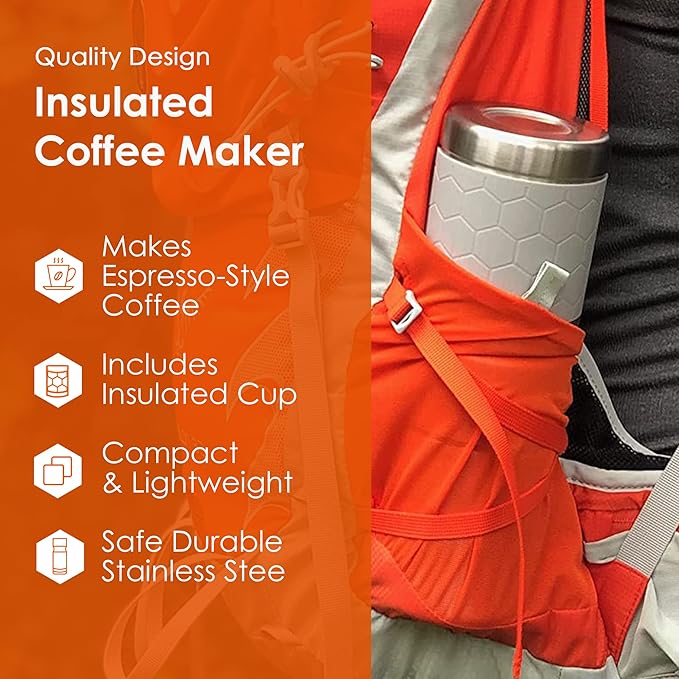 nCamp - Café, Portable Coffee Maker, Portable Espresso Machine, Compact Camping Coffee Maker, Stainless Steel Travel Coffee Maker with Camping Coffee Cup, Reusable, 12 oz