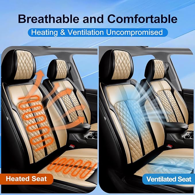 Fit Ridgeline Car Seat Covers for Select Honda Ridgeline 2007-2026 - Premium Full Coverage Leather, Airbag Compatible, Waterproof & All Weather Seat Cushion Protector, Front Pair Black+Beige