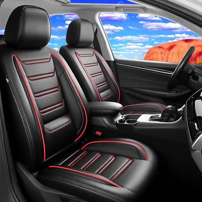 Fit RAV4 Car Seat Covers (Front Pair) for Select Toyota RAV 4 2013-2026 /RAV4 Hybrid - Premium Full Coverage Leather, Airbag Compatible, Waterproof & All Weather Seat Protector, Red Trim