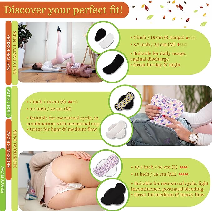 Non-Slip Organic Reusable Period Pads for Heavy Flow & Incontinence (L+XL, 6-Pack); High-Temp Viscose Washable Cloth Pads for Women; Non-Irritating, Soft Reusable Pad Menstrual for Comfortable Care