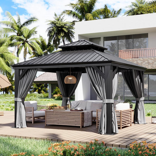 Aoxun 12' X 12' Hardtop Gazebo with Drainage System, Aluminum Outdoor Gazebo with Galvanized Steel Double Roof, Patio Permanent Metal Pavilion with Netting, for Garden, Deck, Grey