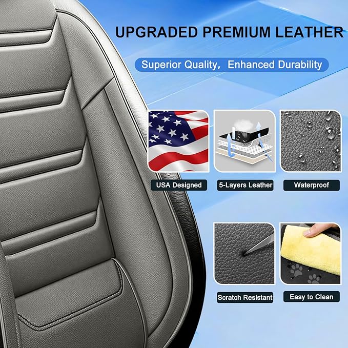 Fit RAV4 Car Seat Covers for Select Toyota RAV 4 2013-2026 /RAV4 Hybrid - Premium Full Coverage Leather, Waterproof & All Weather Seat Cushion Protector, Full Set, Black+Gray