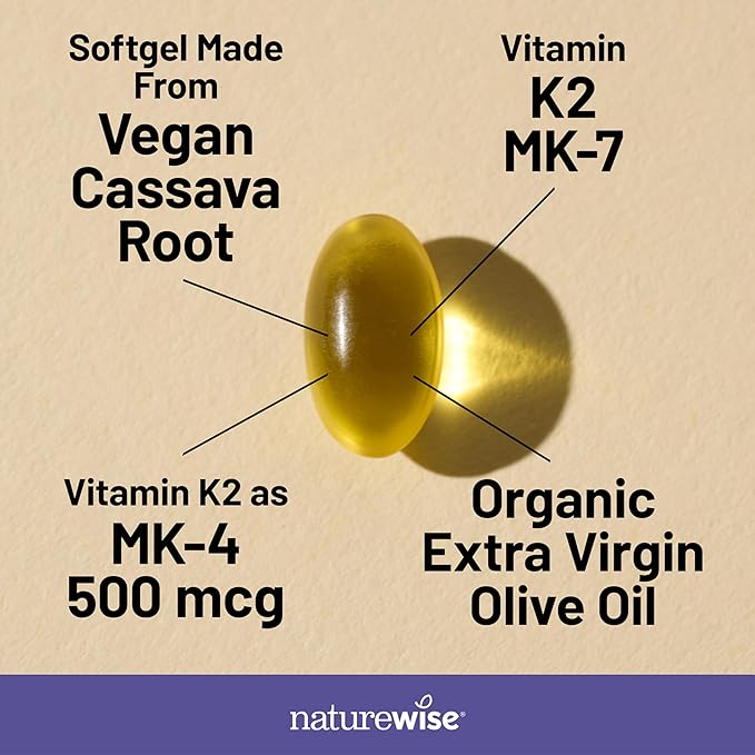 NatureWise Vitamin K2 Supplement with MK-7 100mcg and MK-4 500mcg - Enhanced Bioavailable Formula - K Complex for Bone and Heart Health - Vegan, Gluten Free, Non-GMO - 90 Softgels[3-Month Supply]