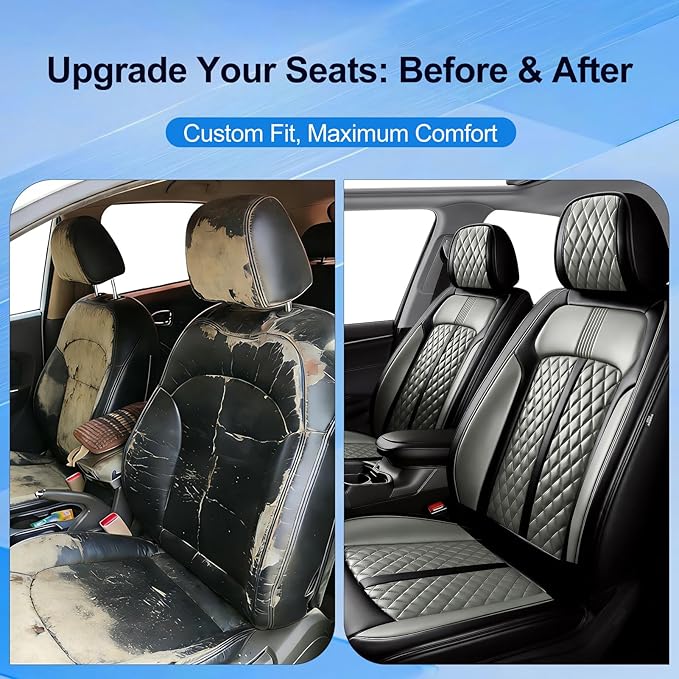 Fit RAV4 Car Seat Covers for Select Toyota RAV 4 2013-2026 /RAV4 Hybrid - Premium Full Coverage Leather, Waterproof & All Weather Seat Cushion Protector, Full Set, Black+Gray